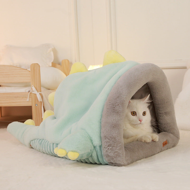 Thickened Semi-Enclosed Warm Dinosaur Cat Bed