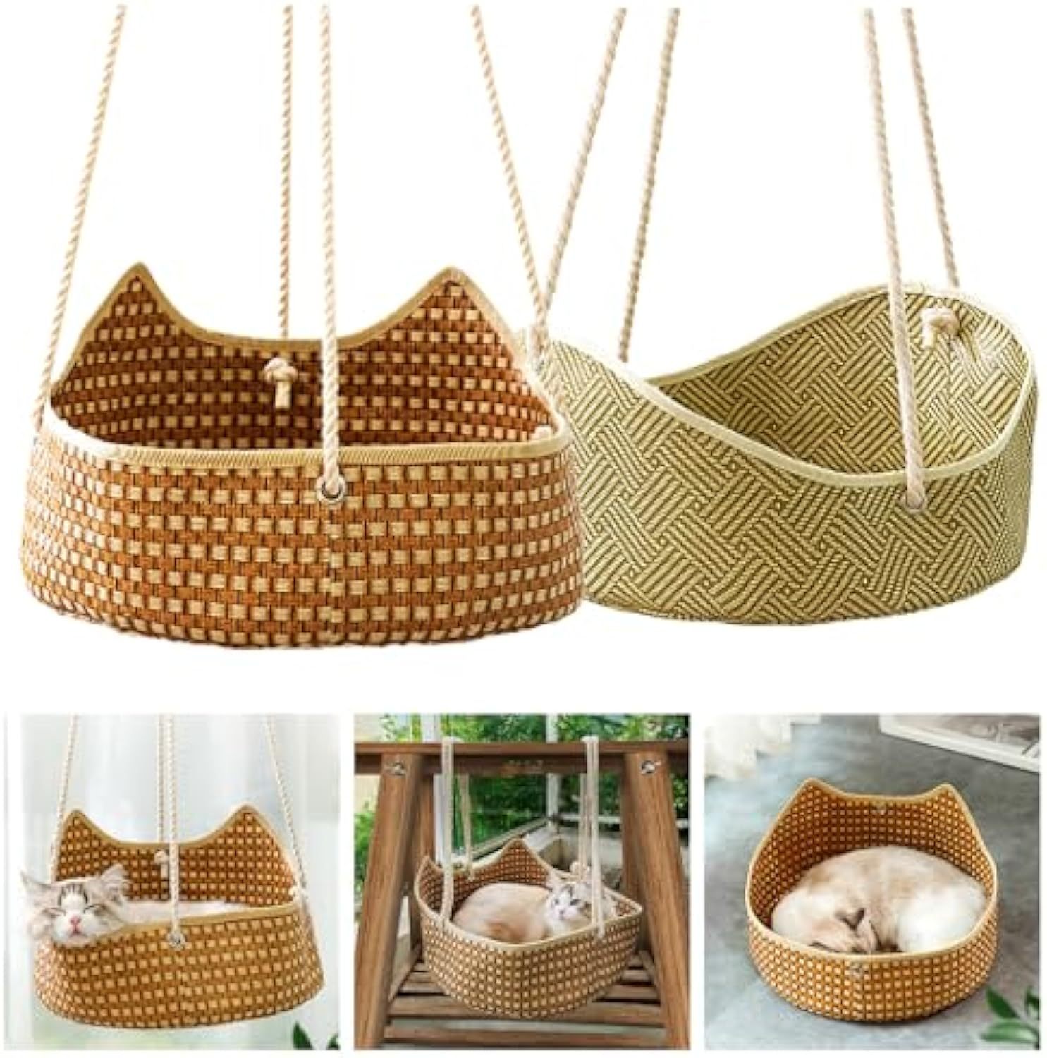 Breathable Cat Hammock - Rattan Crafted Cat Cage With Metal Hooks - Indoor Outdoor Pet Bed- Comfortable Cat Perch For Sleeping Playing Climbing, And Lounging